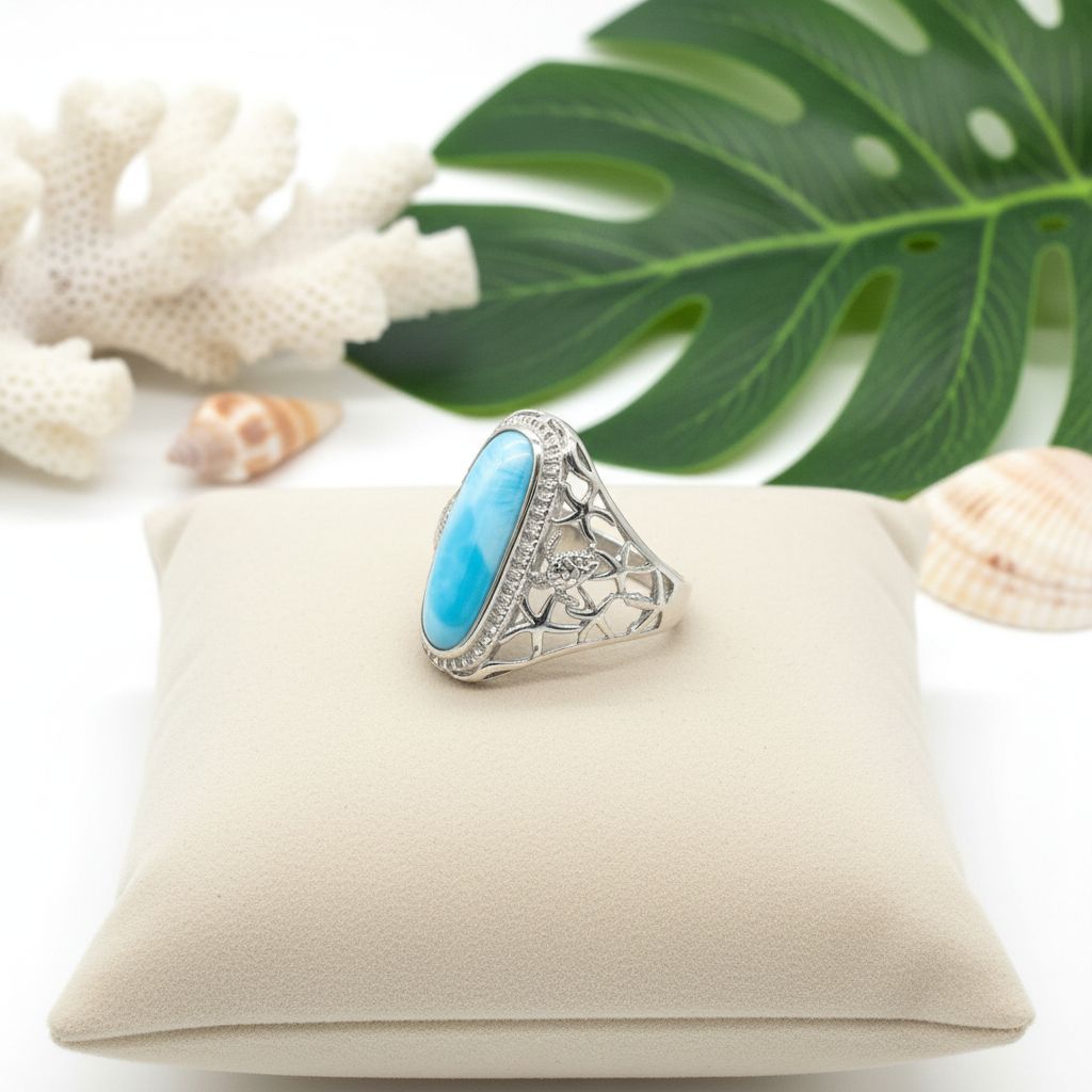 Oval Larimar Stone Sea Life Statement Ring - 925 Sterling Silver