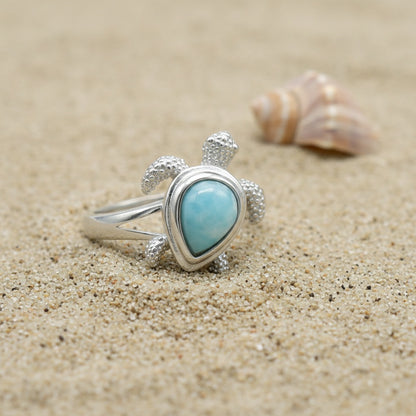 Teardrop Larimar Stone Sea Turtle Ring - 925 Sterling Silver