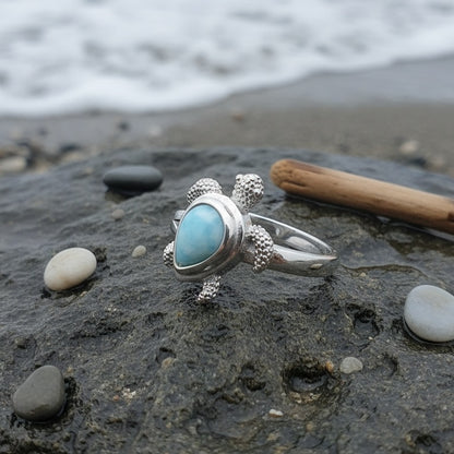 Teardrop Larimar Stone Sea Turtle Ring - 925 Sterling Silver