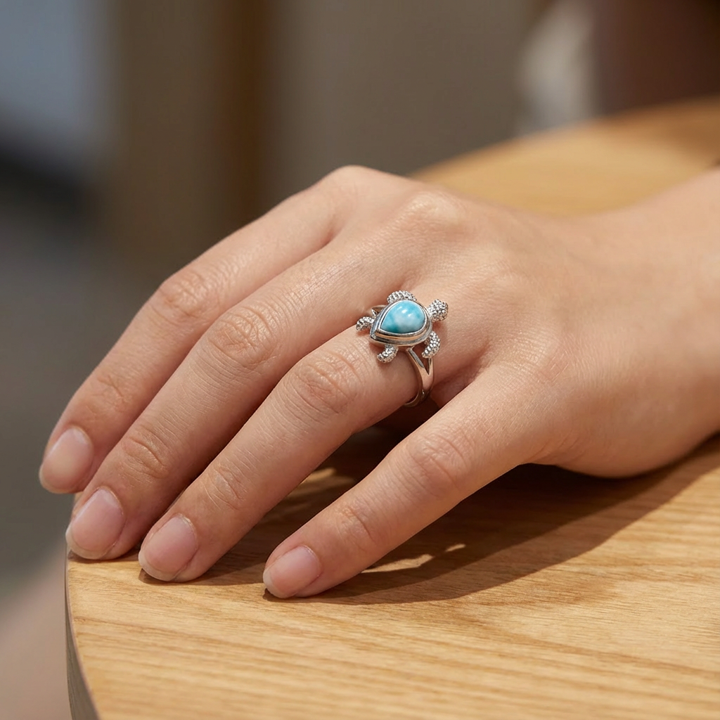 Teardrop Larimar Stone Sea Turtle Ring - 925 Sterling Silver