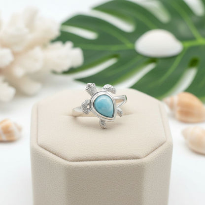 Teardrop Larimar Stone Sea Turtle Ring - 925 Sterling Silver