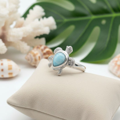 Teardrop Larimar Stone Sea Turtle Ring - 925 Sterling Silver