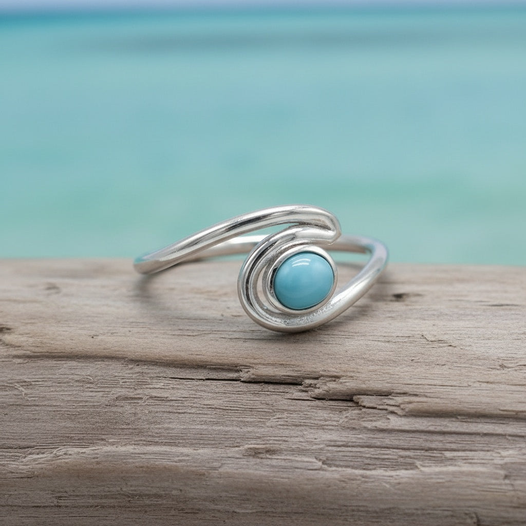 Round Larimar Stone Ocean Wave Ring - 925 Sterling Silver