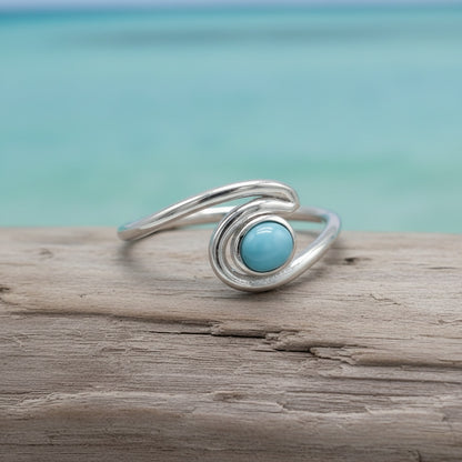 Round Larimar Stone Ocean Wave Ring - 925 Sterling Silver