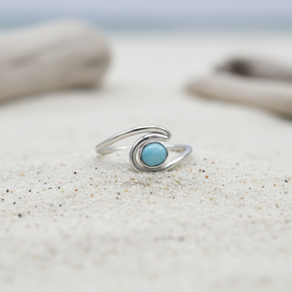 Round Larimar Stone Ocean Wave Ring - 925 Sterling Silver