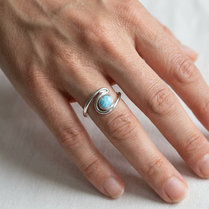 Round Larimar Stone Ocean Wave Ring - 925 Sterling Silver