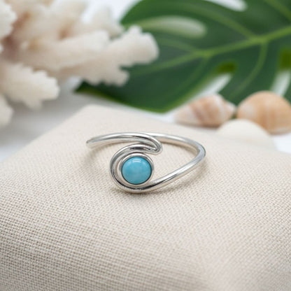 Round Larimar Stone Ocean Wave Ring - 925 Sterling Silver