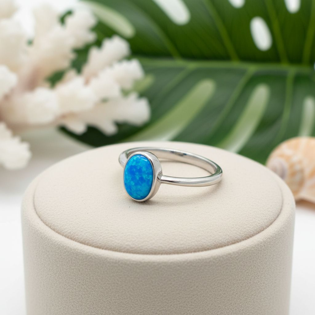 925 Sterling Silver Opal Stone Round Cabochon Inlay Bezel Band Ring