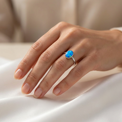 925 Sterling Silver Opal Stone Round Cabochon Inlay Bezel Band Ring