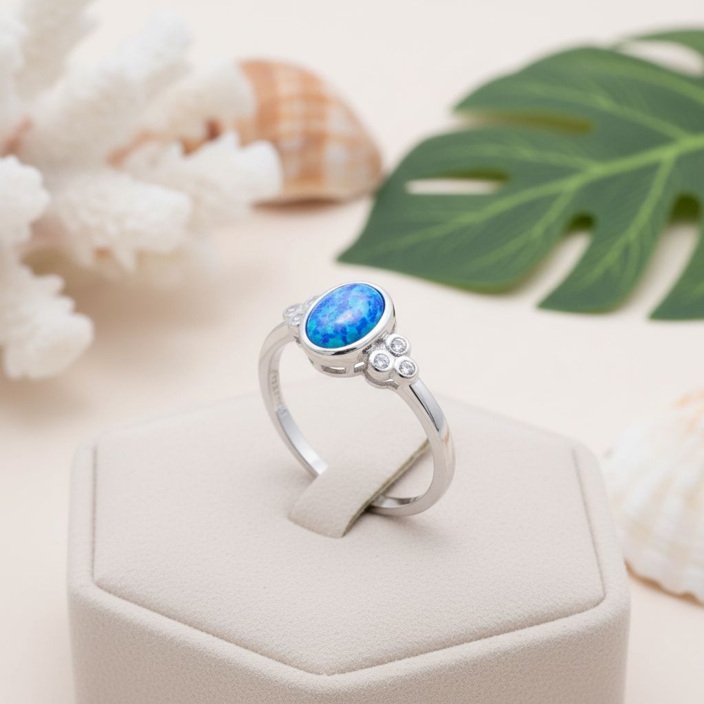 Oval Cabochon Bezel Halo CZ Opal Stone Band Ring - 925 Sterling Silver