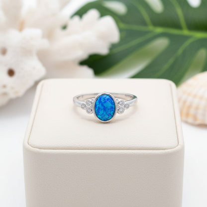 Oval Cabochon Bezel Halo CZ Opal Stone Band Ring - 925 Sterling Silver