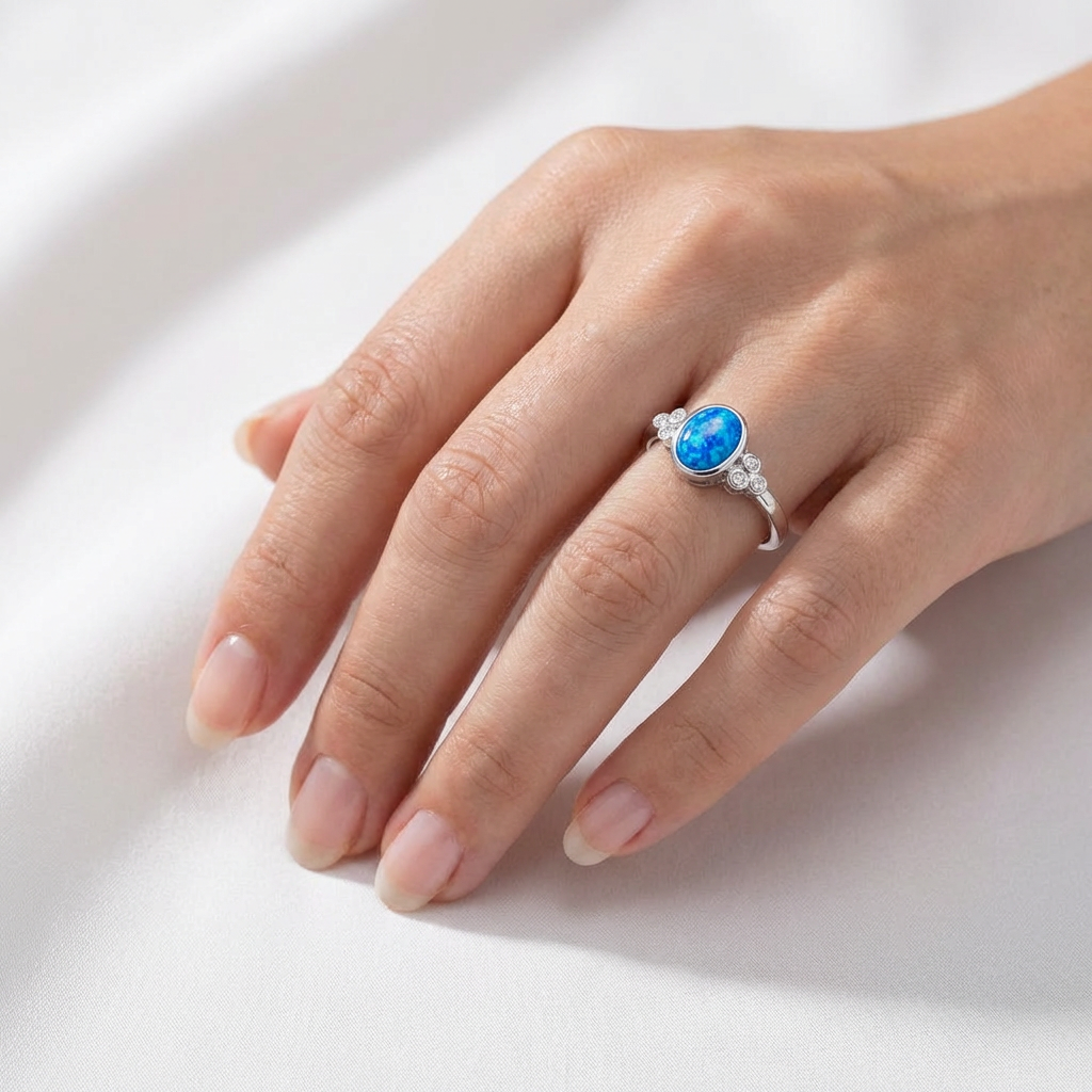 Oval Cabochon Bezel Halo CZ Opal Stone Band Ring - 925 Sterling Silver