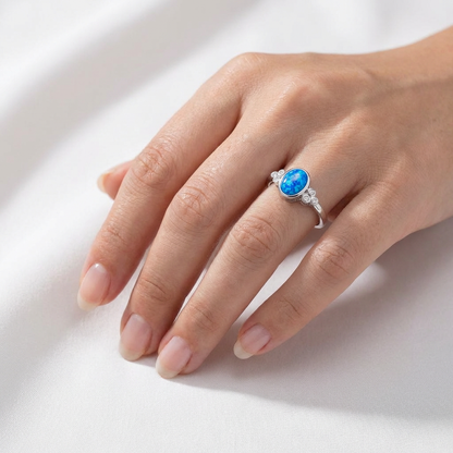 Oval Cabochon Bezel Halo CZ Opal Stone Band Ring - 925 Sterling Silver