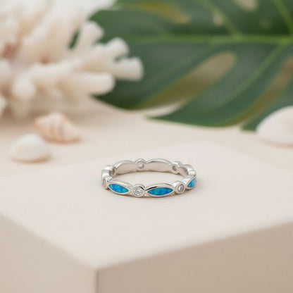 925 Sterling Silver Opal Stone Marquise CZ Eternity Band Ring