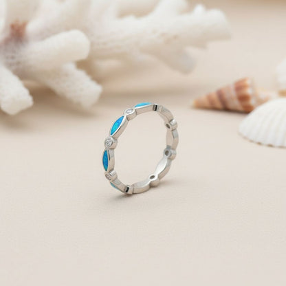 925 Sterling Silver Opal Stone Marquise CZ Eternity Band Ring