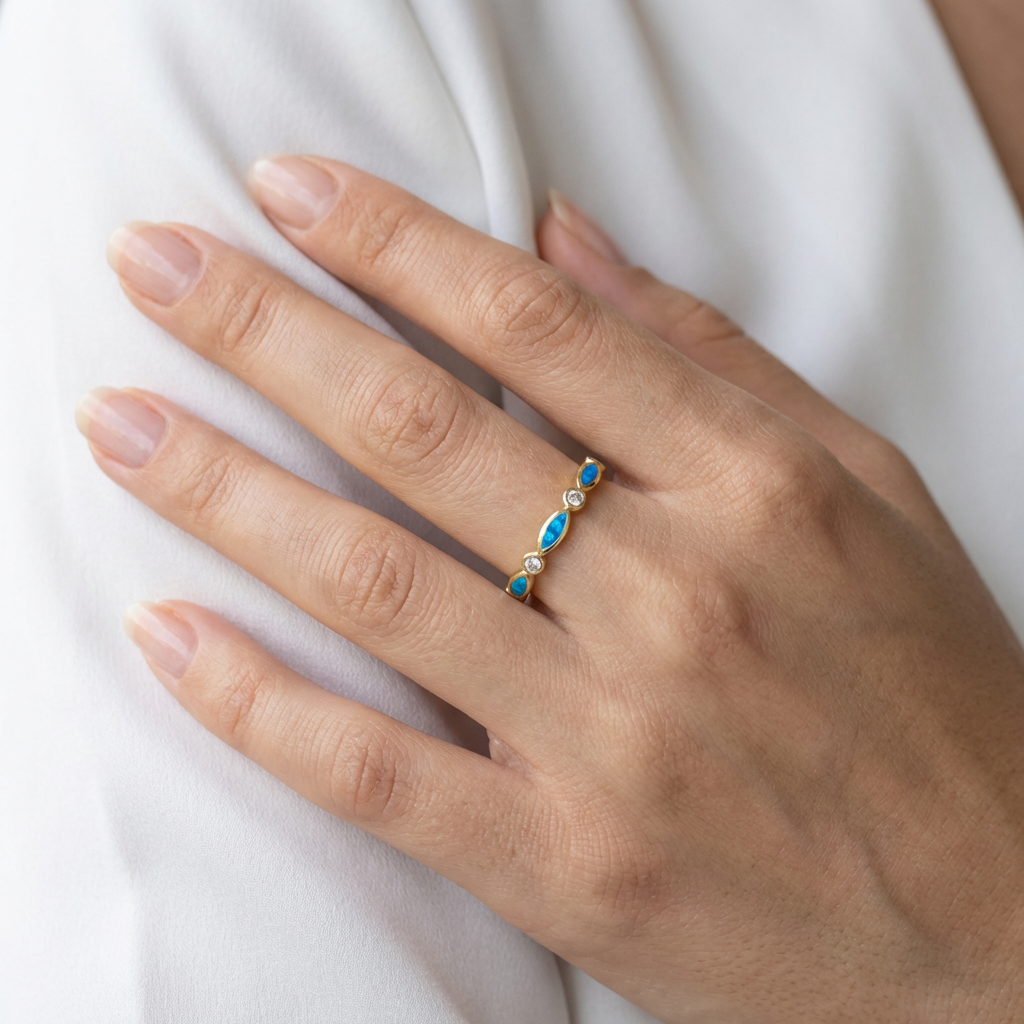 Golden Sands Marquise Blue Opal Stone Ring - 14k Gold Plated 925 Silver