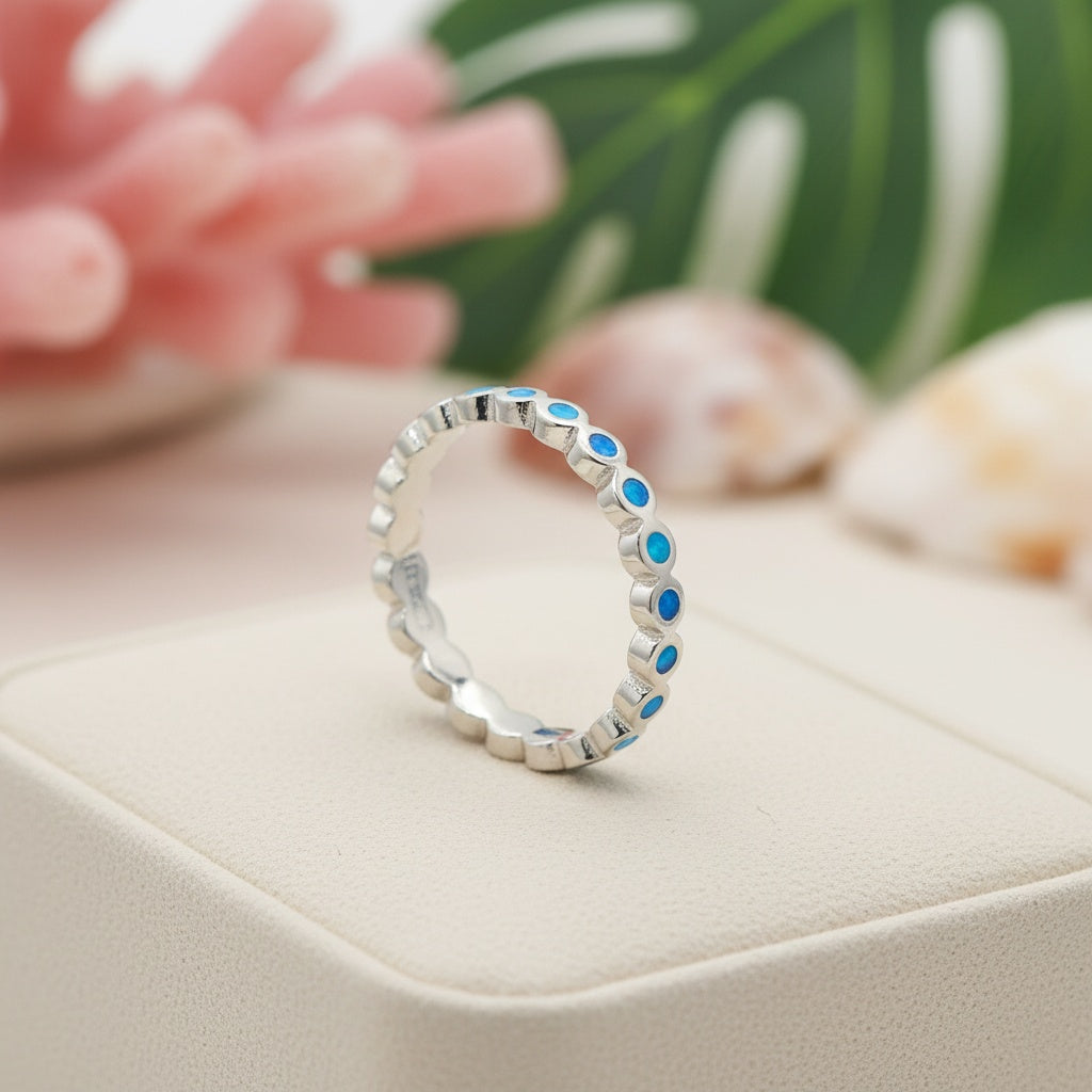 925 Sterling Silver Opal Stone Bezel Eternity Stackable Band Ring