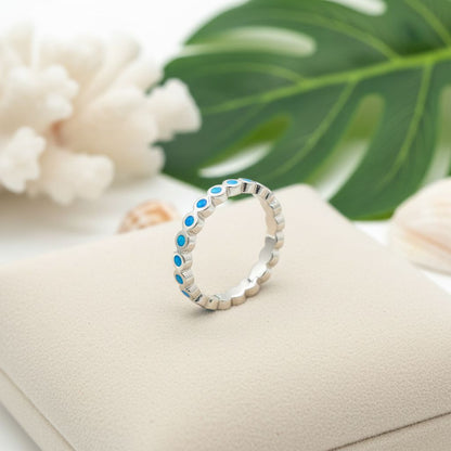 925 Sterling Silver Opal Stone Bezel Eternity Stackable Band Ring