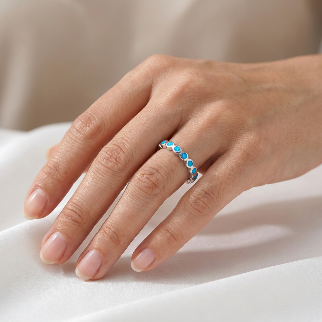 925 Sterling Silver Opal Stone Bezel Eternity Stackable Band Ring