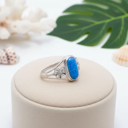 925 Sterling Silver Opal Stone Plumeria Flower Oval Ring