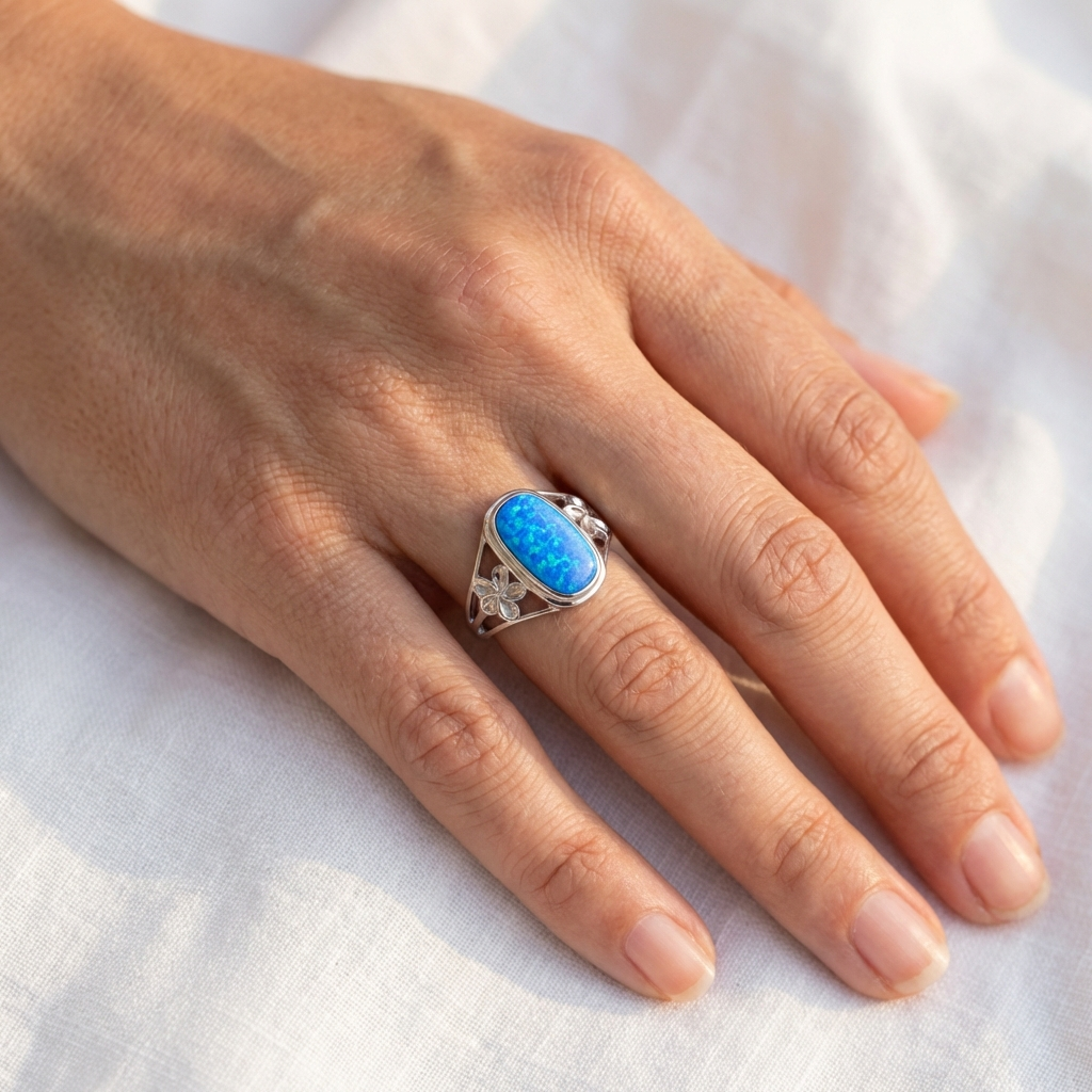 925 Sterling Silver Opal Stone Plumeria Flower Oval Ring