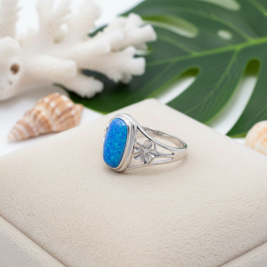 925 Sterling Silver Opal Stone Plumeria Flower Oval Ring