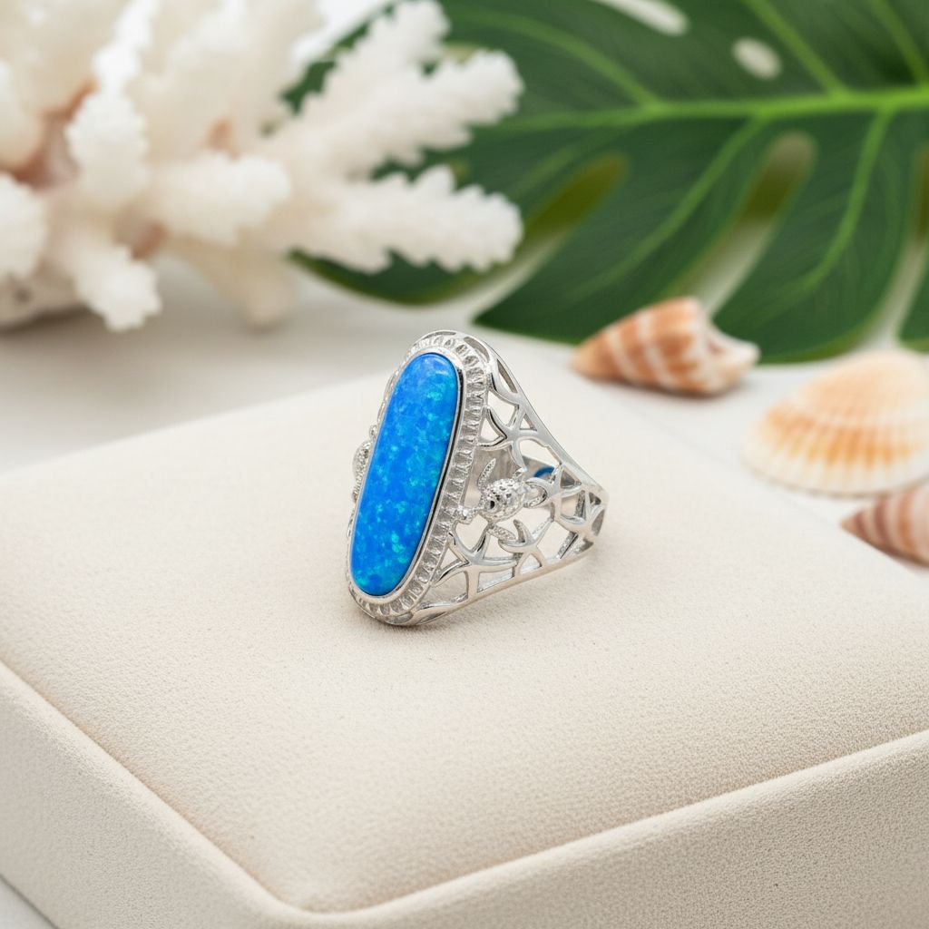 Honu Turtle & Starfish Oval Cabochon Opal Stone Ring - 925 Sterling Silver