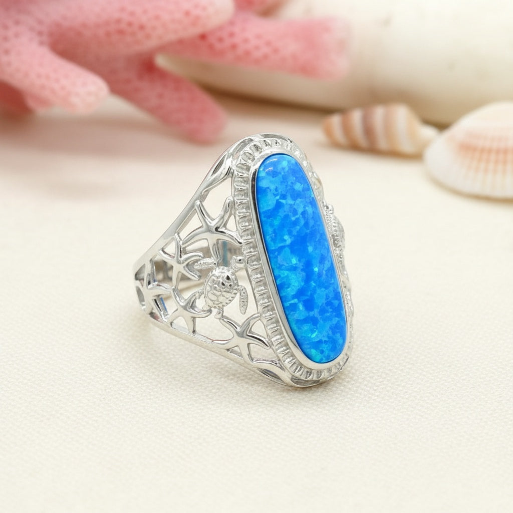 Honu Turtle & Starfish Oval Cabochon Opal Stone Ring - 925 Sterling Silver