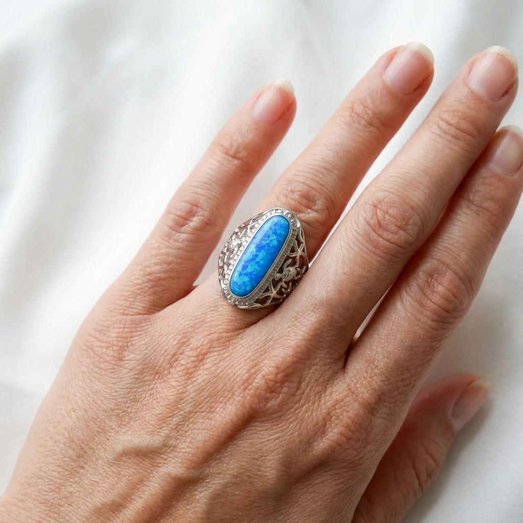 Honu Turtle & Starfish Oval Cabochon Opal Stone Ring - 925 Sterling Silver