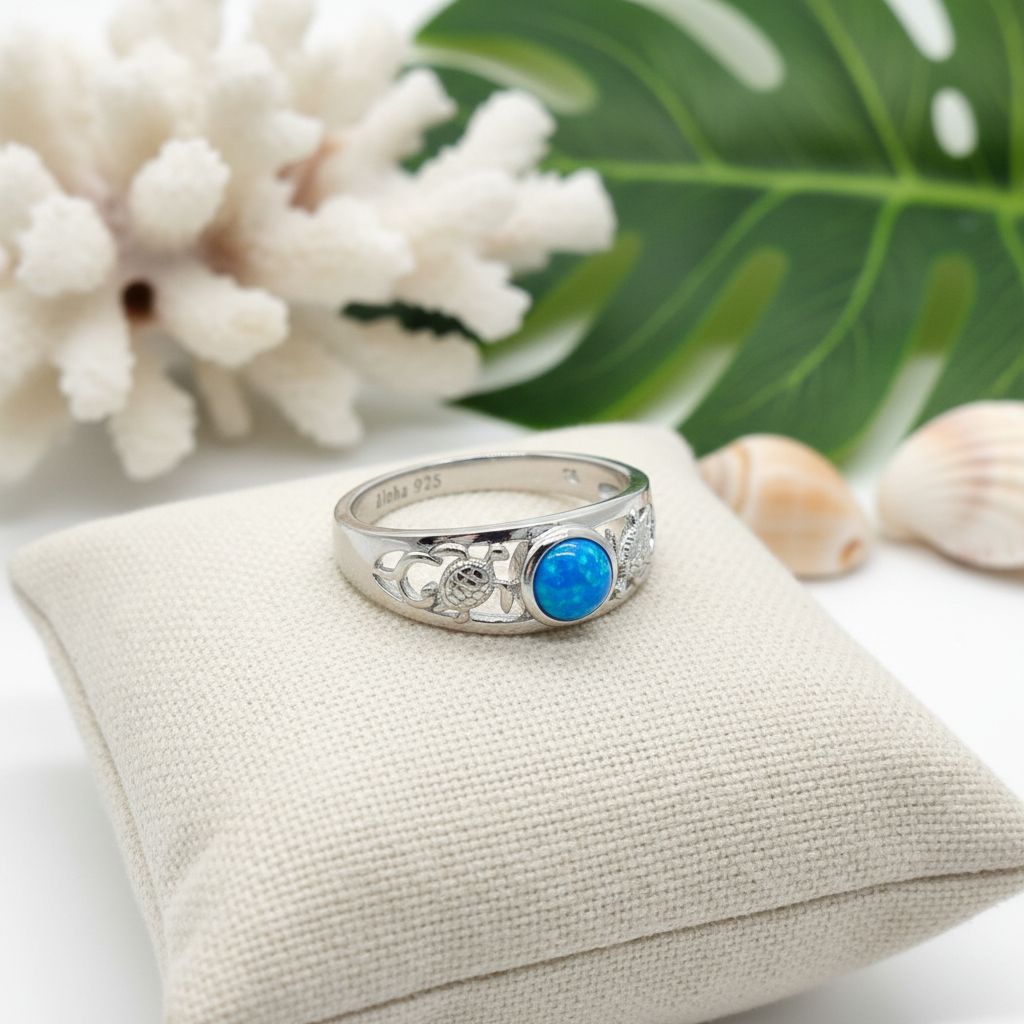 Double Sea Turtle Round Opal Stone Ring - 925 Sterling Silver