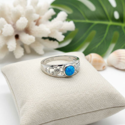 Double Sea Turtle Round Opal Stone Ring - 925 Sterling Silver