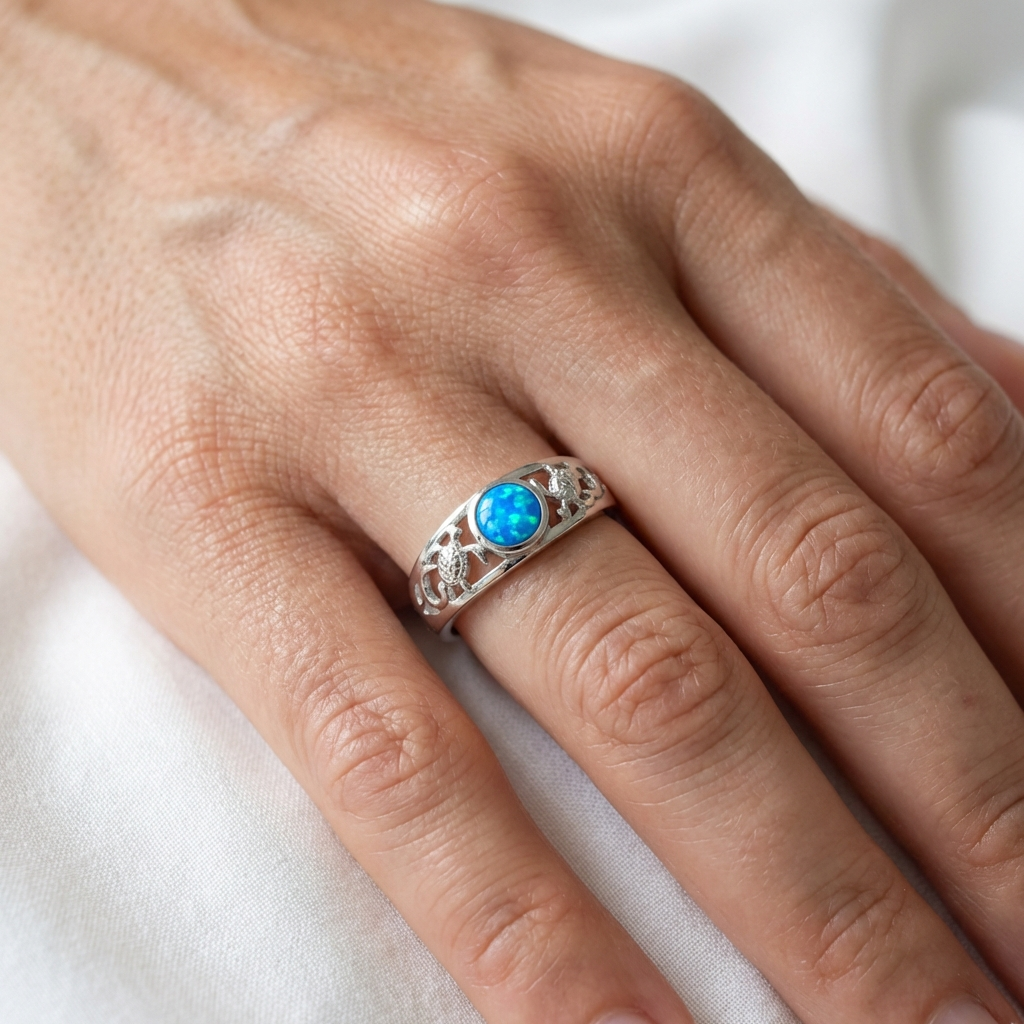 Double Sea Turtle Round Opal Stone Ring - 925 Sterling Silver