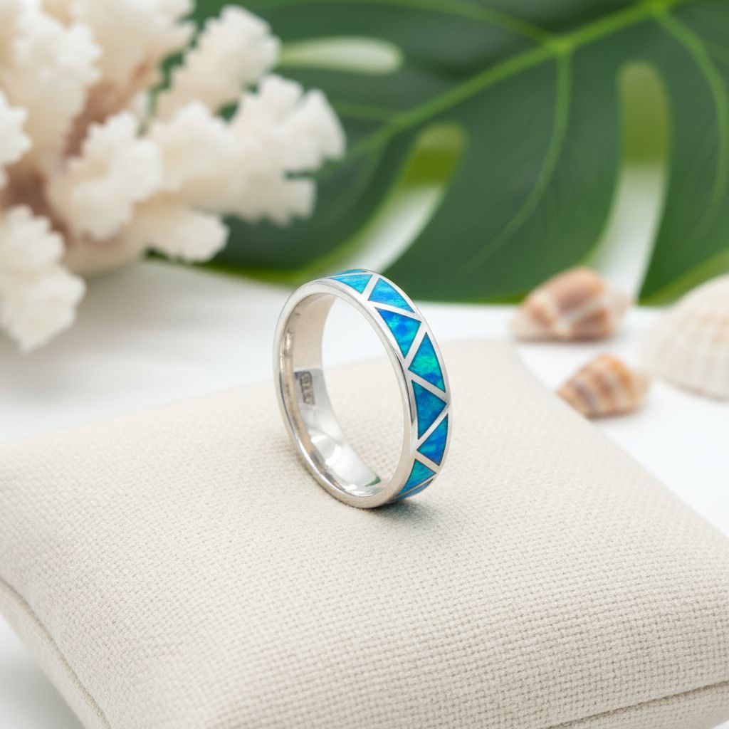 925 Sterling Silver Blue Opal Stone Triangle Pattern Band Ring