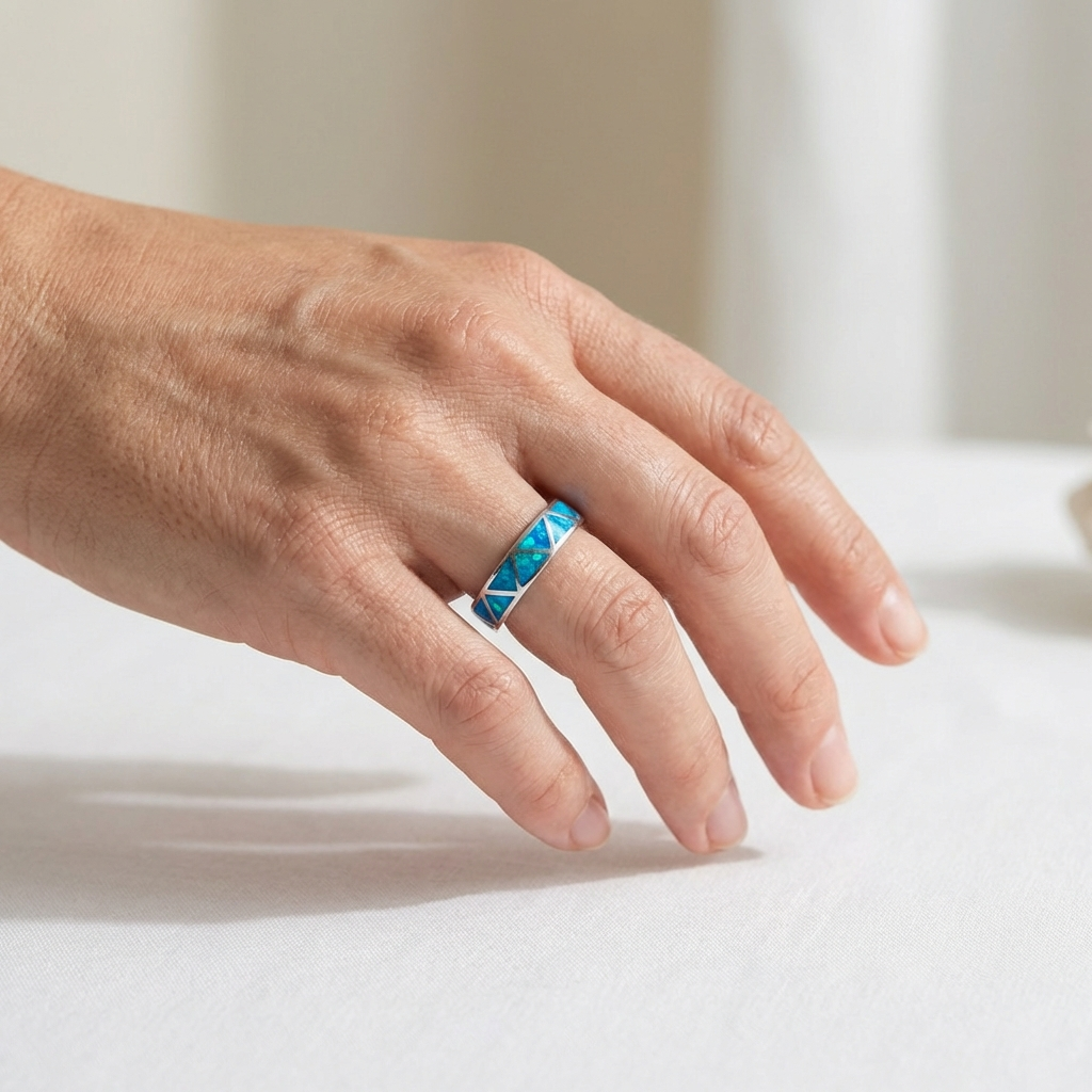 925 Sterling Silver Blue Opal Stone Triangle Pattern Band Ring