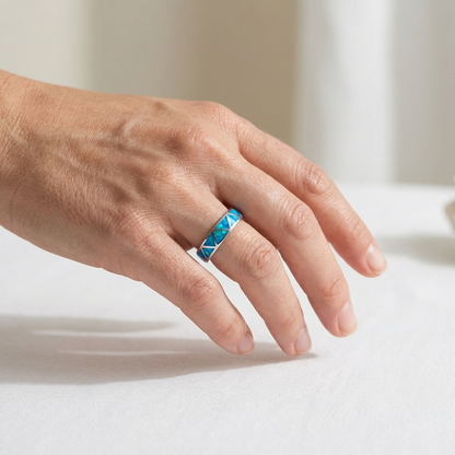 925 Sterling Silver Blue Opal Stone Triangle Pattern Band Ring