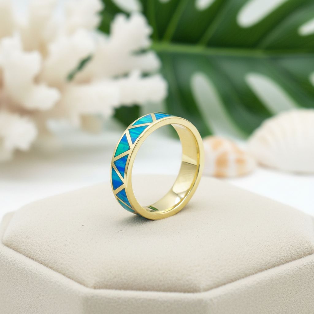 925 Sterling Silver Blue Opal Stone Triangle Pattern Band Ring