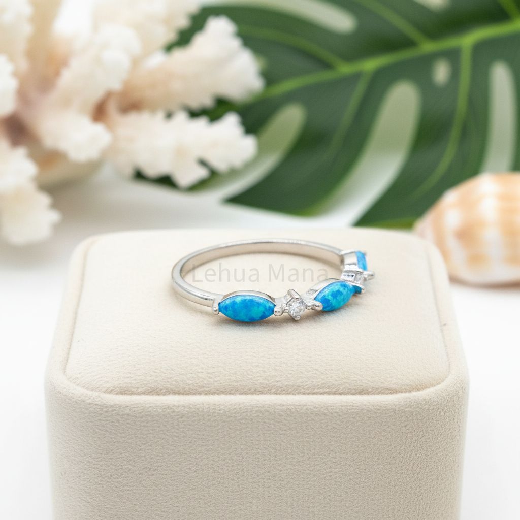 925 Sterling Silver Blue Opal Stone Trio Marquise CZ Band Ring