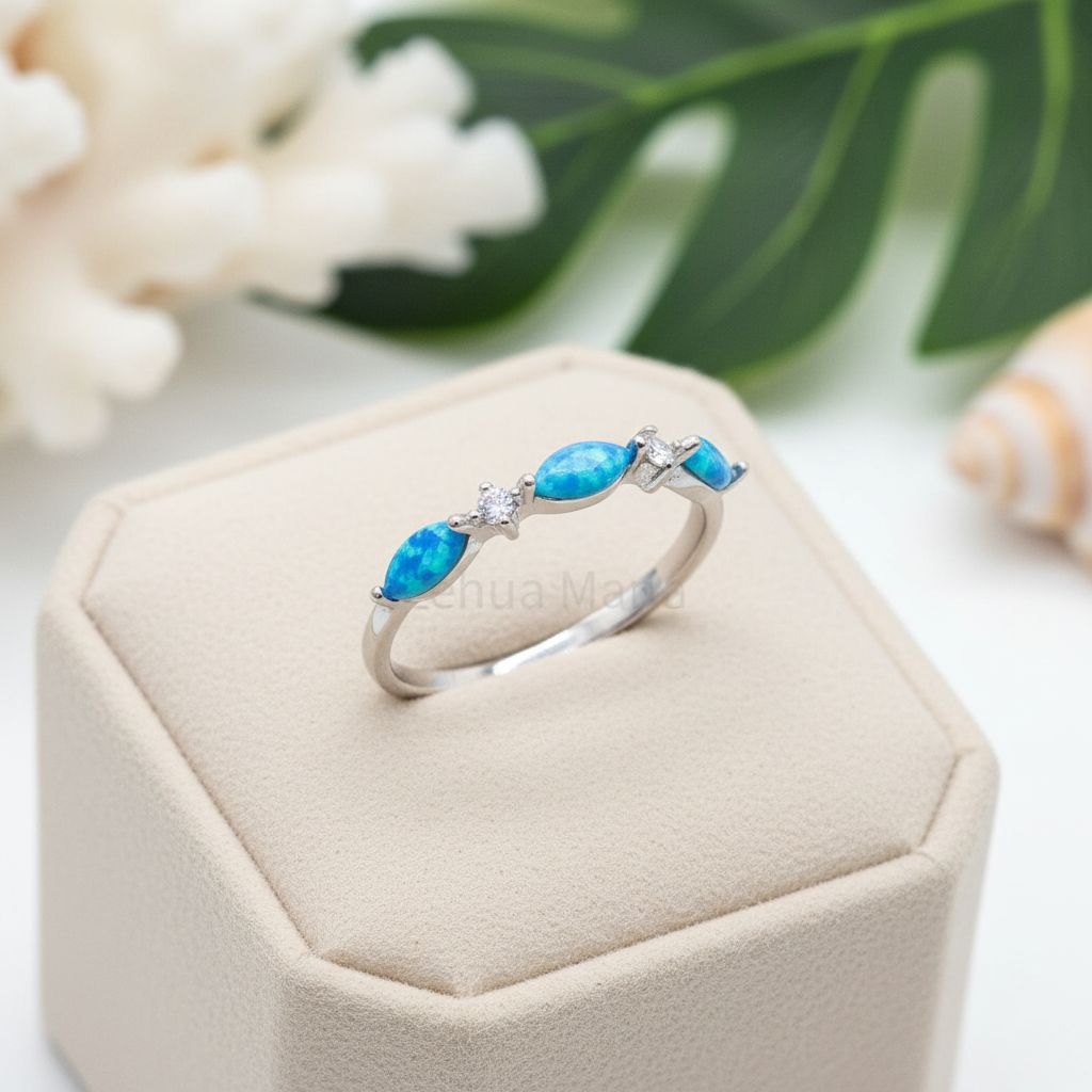 925 Sterling Silver Blue Opal Stone Trio Marquise CZ Band Ring
