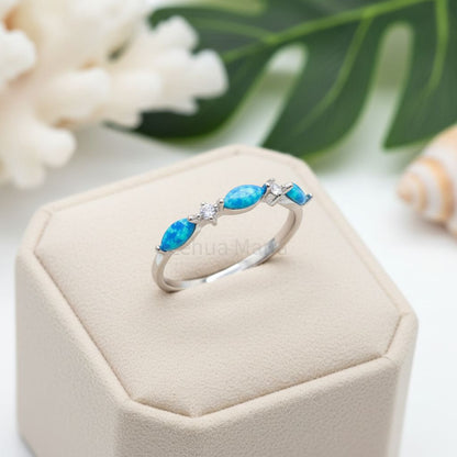 925 Sterling Silver Blue Opal Stone Trio Marquise CZ Band Ring