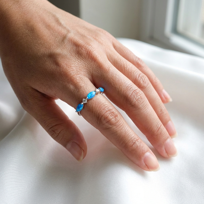 925 Sterling Silver Blue Opal Stone Trio Marquise CZ Band Ring