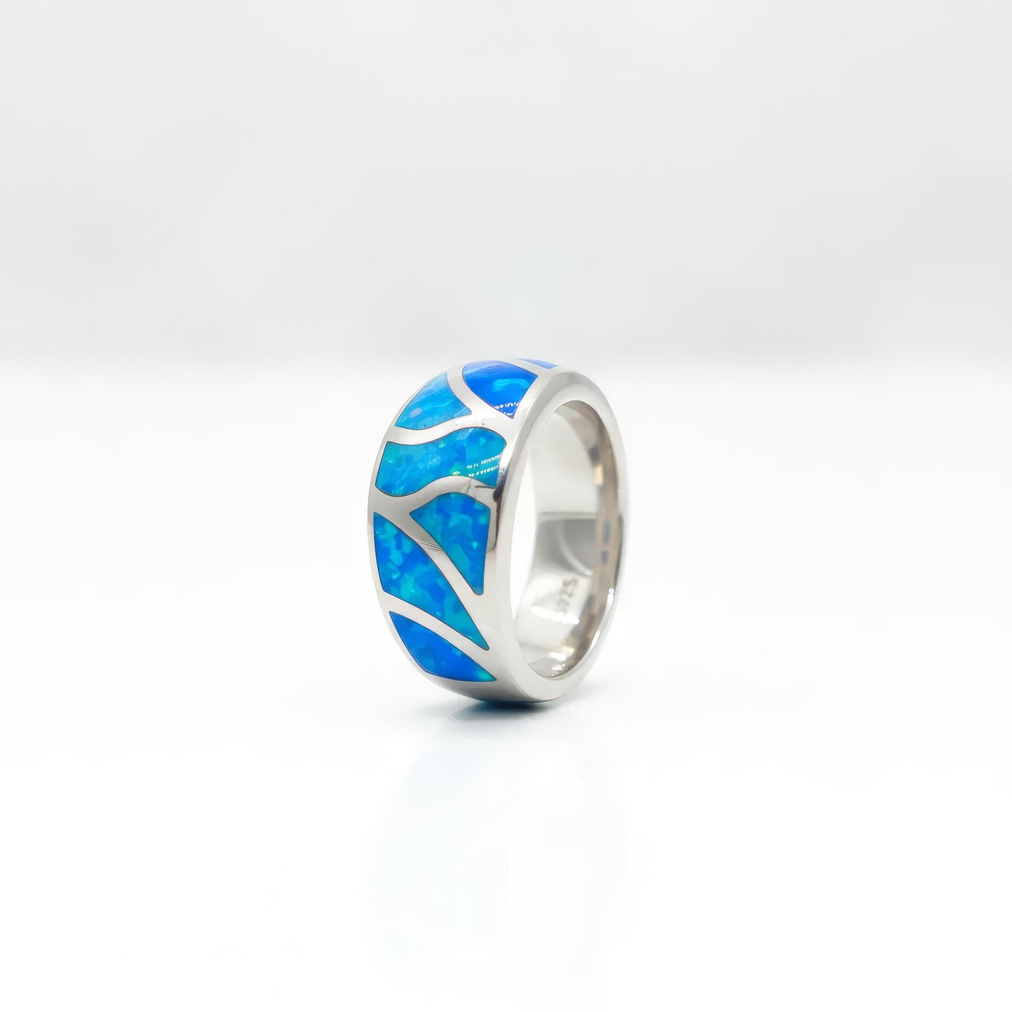 Mosaic Ocean Wave Opal Stone Band Ring - 925 Sterling Silver