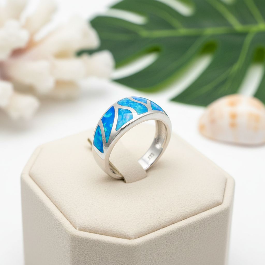 Mosaic Ocean Wave Opal Stone Band Ring - 925 Sterling Silver