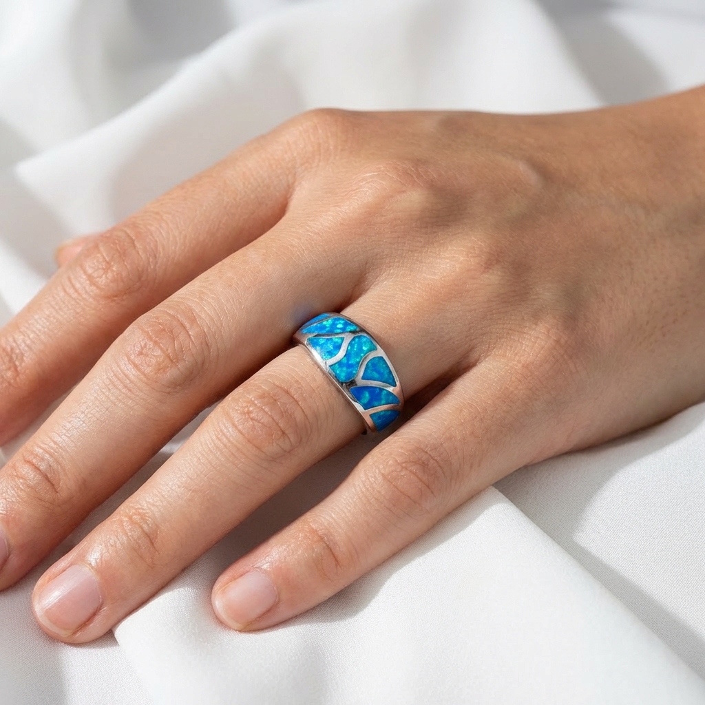 Mosaic Ocean Wave Opal Stone Band Ring - 925 Sterling Silver