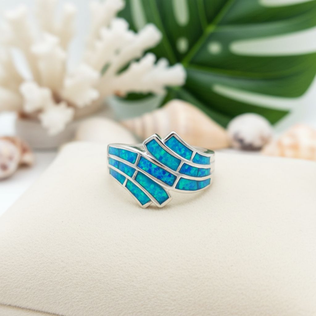 925 Sterling Silver Opal Stone Double Ocean Wave Inlay Band Ring