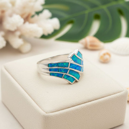925 Sterling Silver Opal Stone Double Ocean Wave Inlay Band Ring