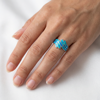 925 Sterling Silver Opal Stone Double Ocean Wave Inlay Band Ring