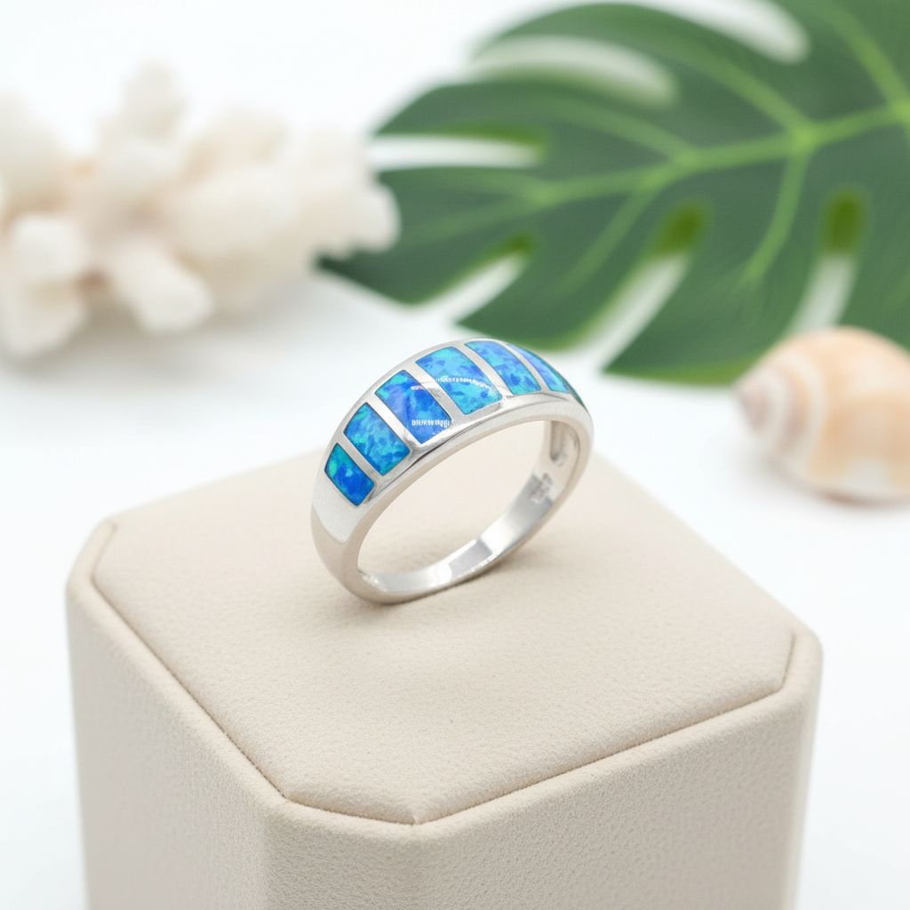 Ocean Mosaic Bar Opal Stone Band Ring - 925 Sterling Silver