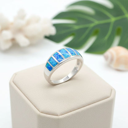 Ocean Mosaic Bar Opal Stone Band Ring - 925 Sterling Silver