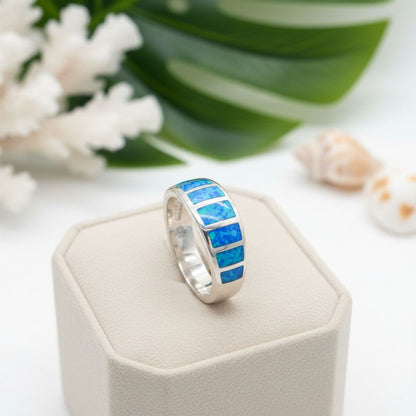 Ocean Mosaic Bar Opal Stone Band Ring - 925 Sterling Silver