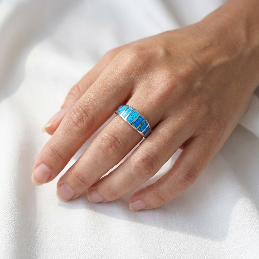 Ocean Mosaic Bar Opal Stone Band Ring - 925 Sterling Silver